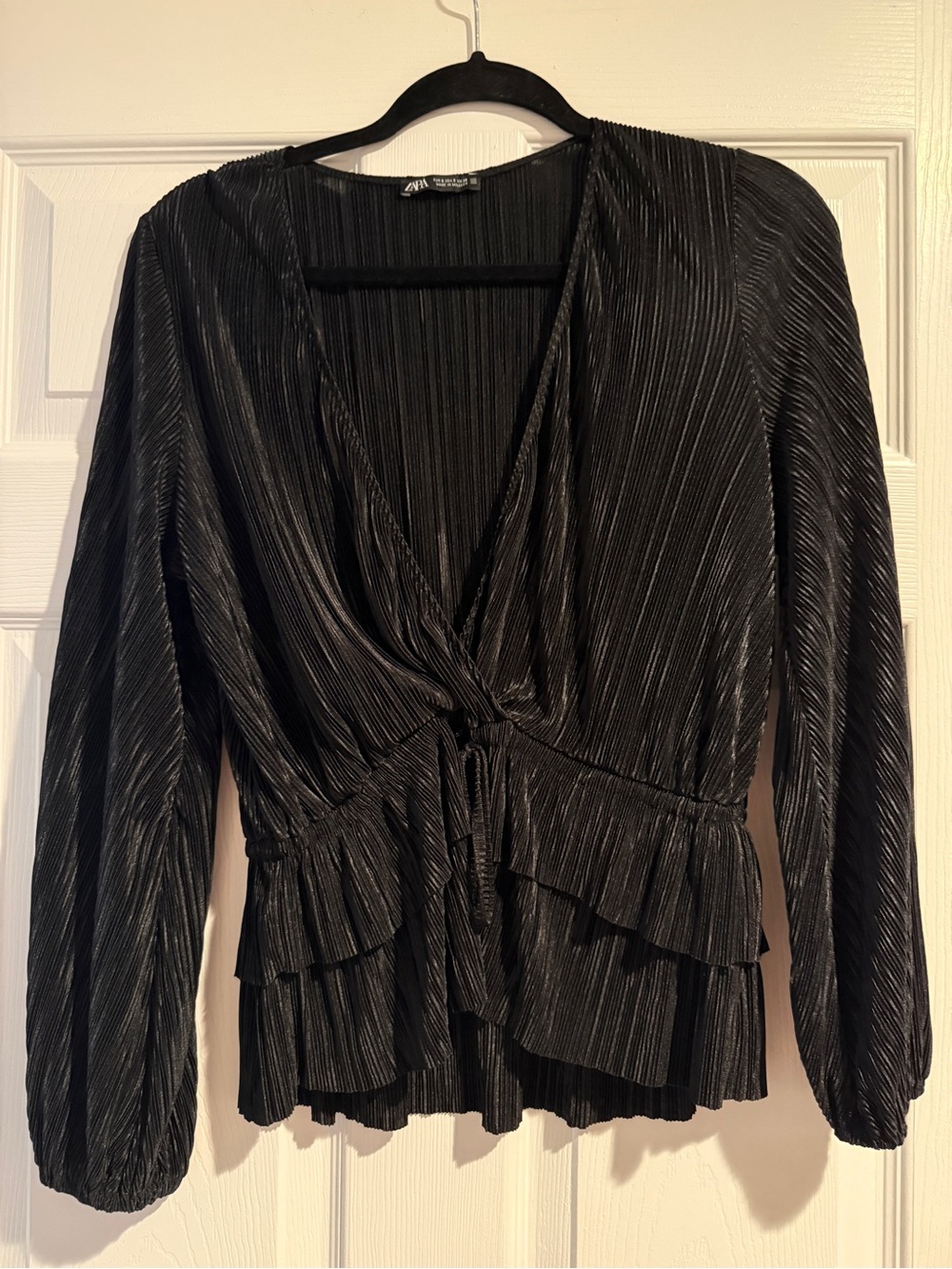 Zara Black Pleated Wrap Blouse with Ruffle Hem